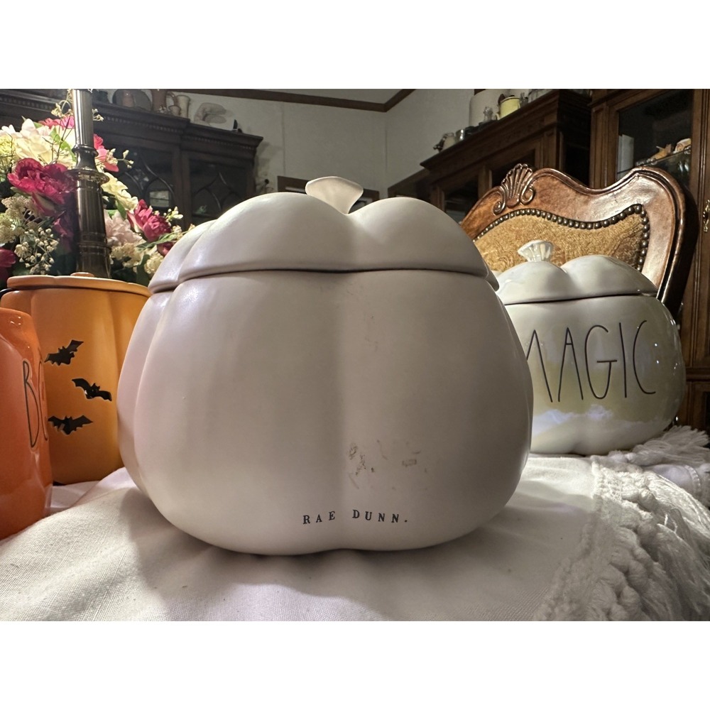 2020 Rae Dunn "Fall" WHITE Pumpkin Canister with Lid 8" 5 wick